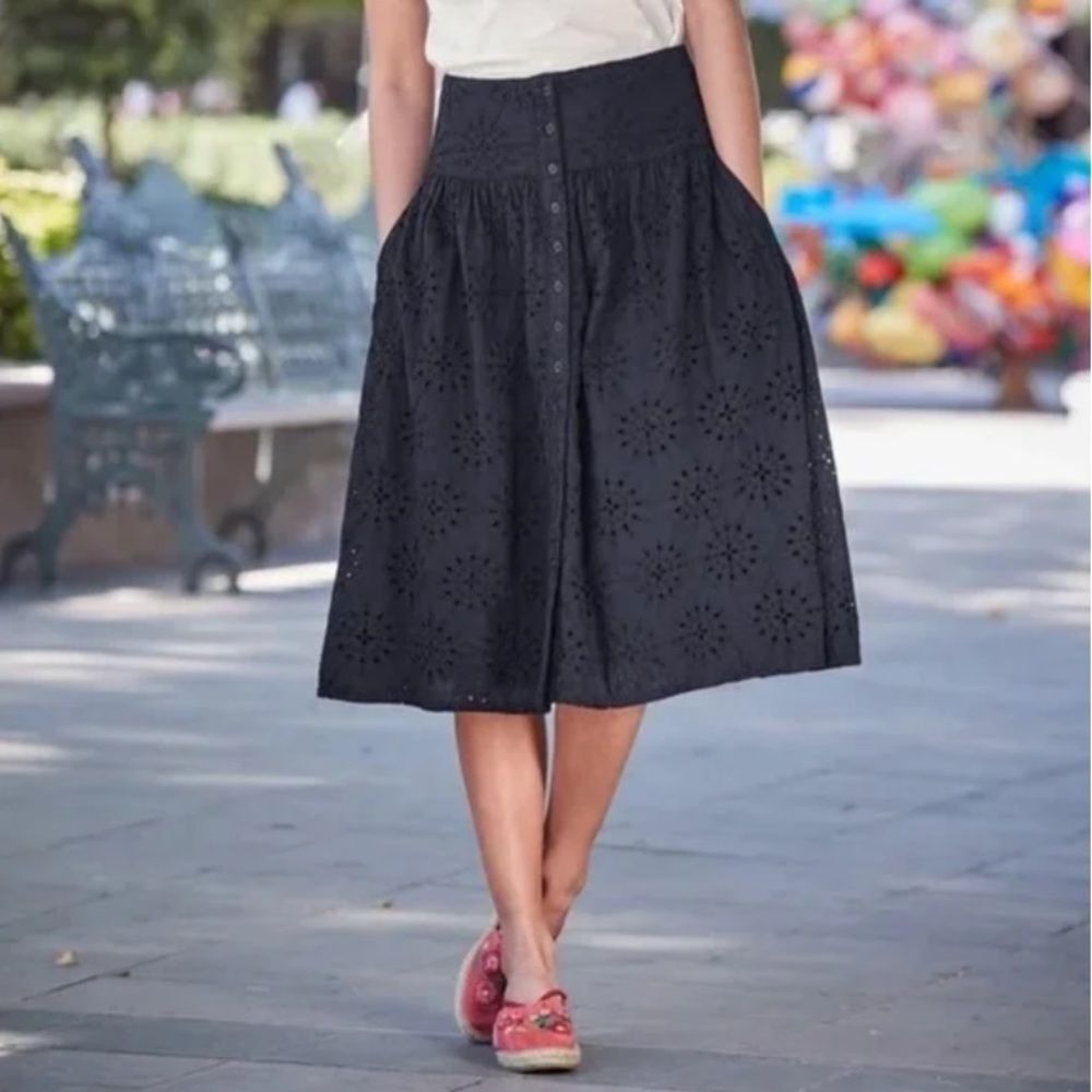 Sundance Black Button Front Eyelet Roslin Midi Skirt Women’s Size Large